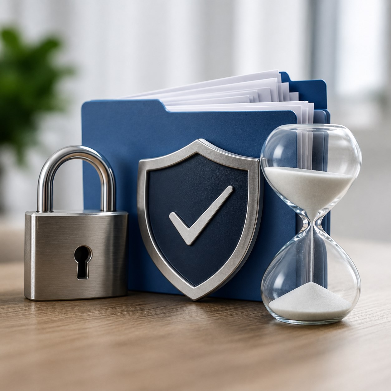 Organised documents protected by a lock and shield, representing responsible Quaerens support