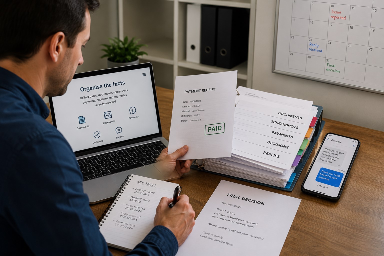 Documents, correspondence and dates being organised into a clear complaint timeline