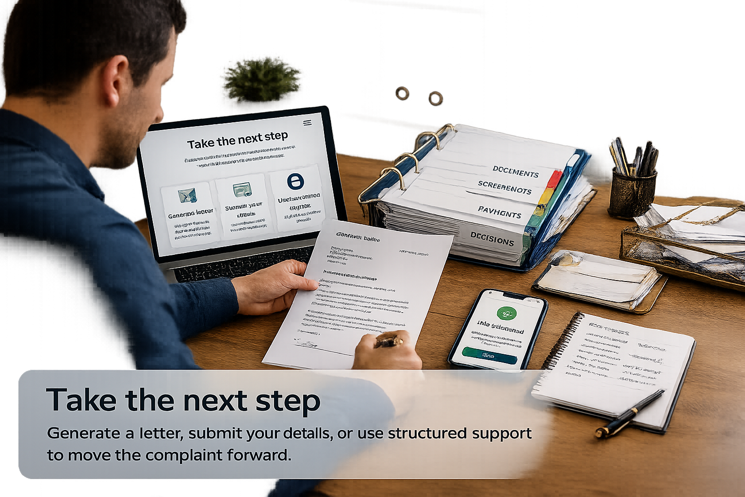 A consumer reviewing the practical next step for a structured complaint